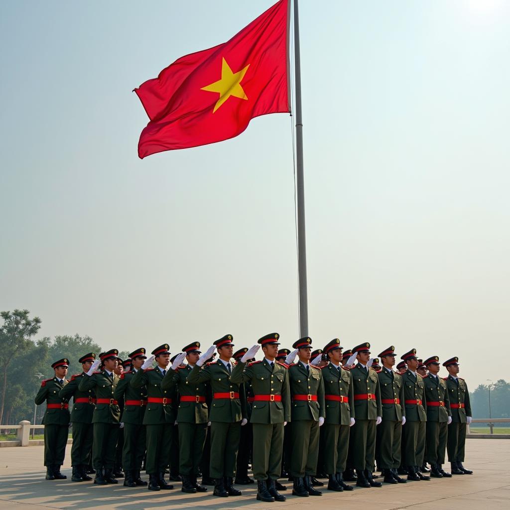 Ảnh chú bộ đội trang nghiêm thực hiện nghi thức chào cờ, thể hiện lòng yêu nước